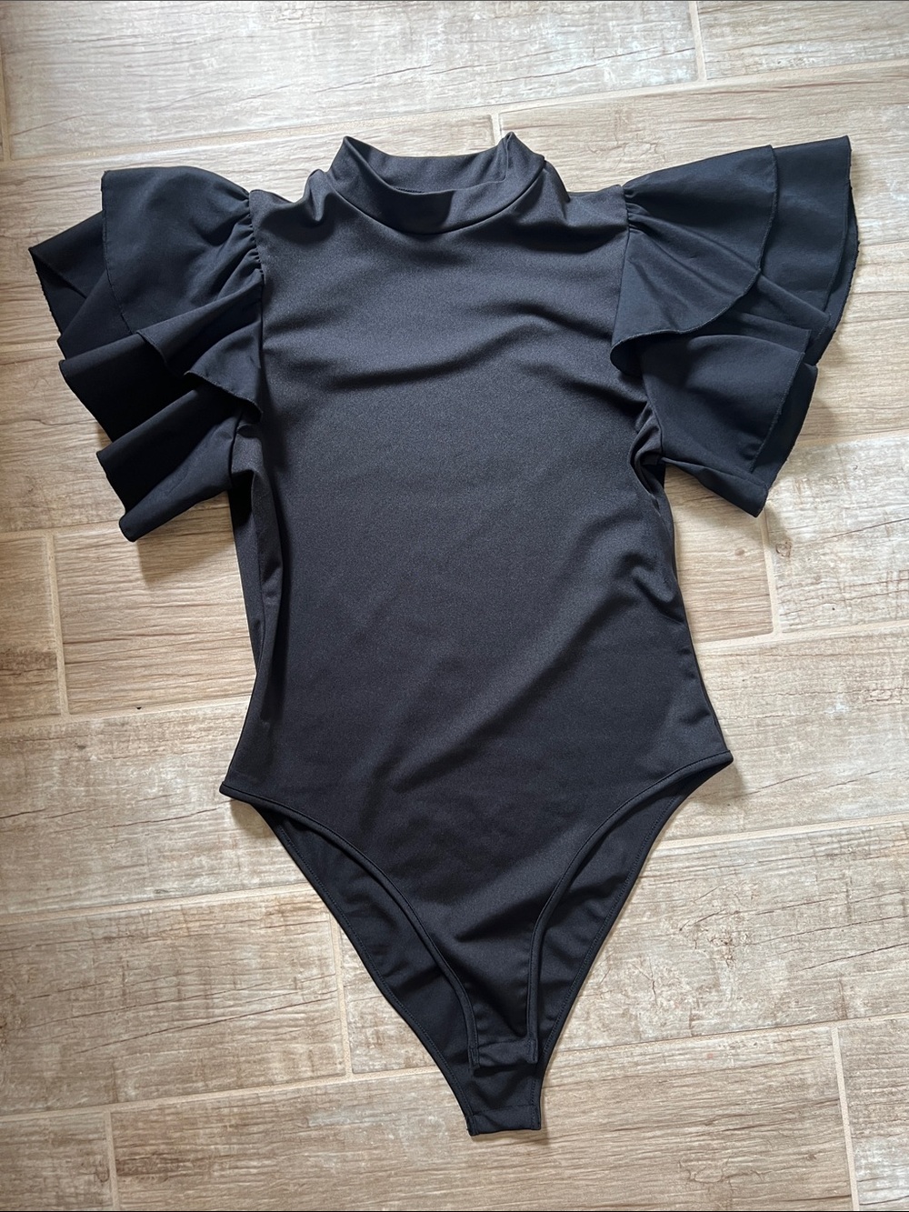 SHEIN Black Ruffle Sleeve High-Neck Bodysuit